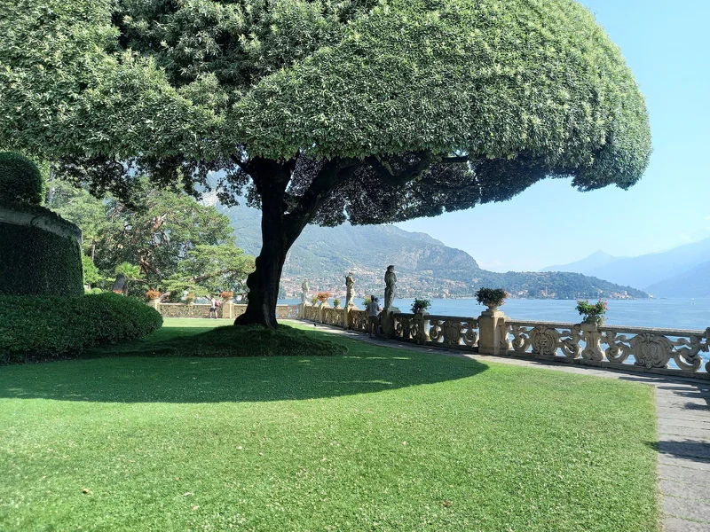 The famous terrace and loggia of Villa del Balbianello with lake views