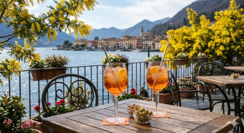 Two Aperol Spritz on a lakeside terrace table framed by mimosa blossoms, with an Italian village across the water